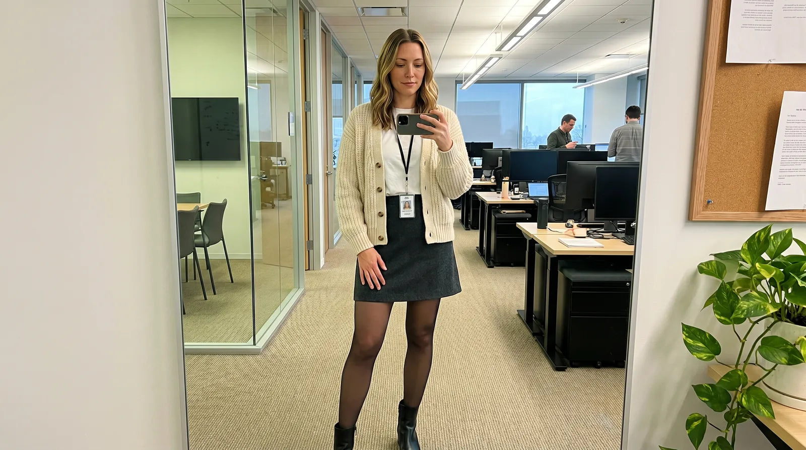 Caitlin Hayes mirror selfie in sheer black Willa tights at her workplace