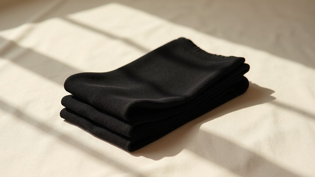 Black sheer Willa tights folded on cream linen, editorial styling