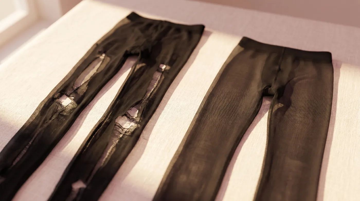 Two pairs of black sheer tights — torn pair on left, intact Willa pair on right