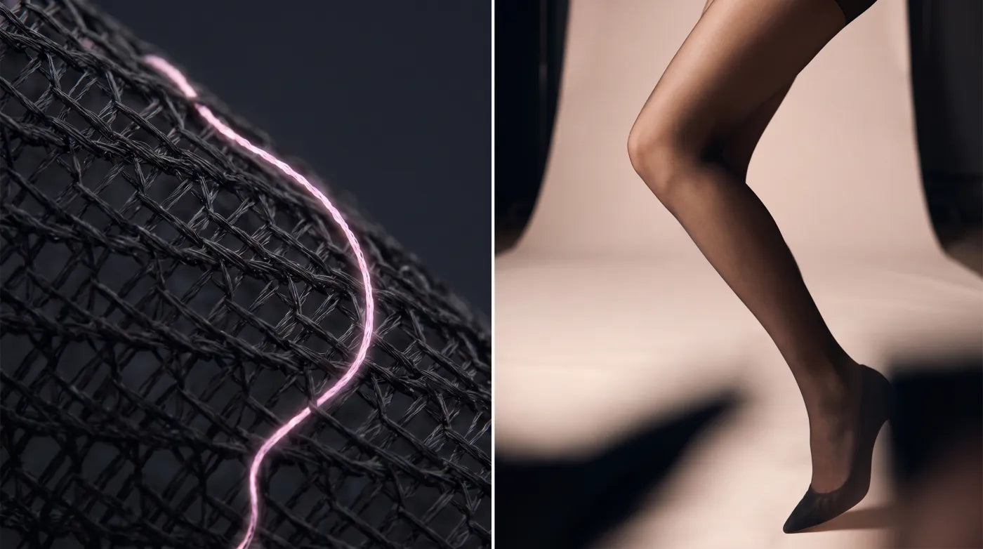 Diptych — extreme macro of black sheer knit fiber on left, editorial leg shot in black Willa tights on right